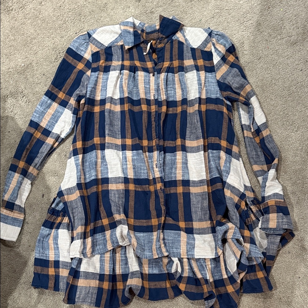 Free People Blue and Tan Plaid Blouse